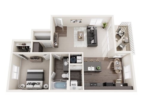 Floor plan for 1 bed, 1 bath, 805 sqft